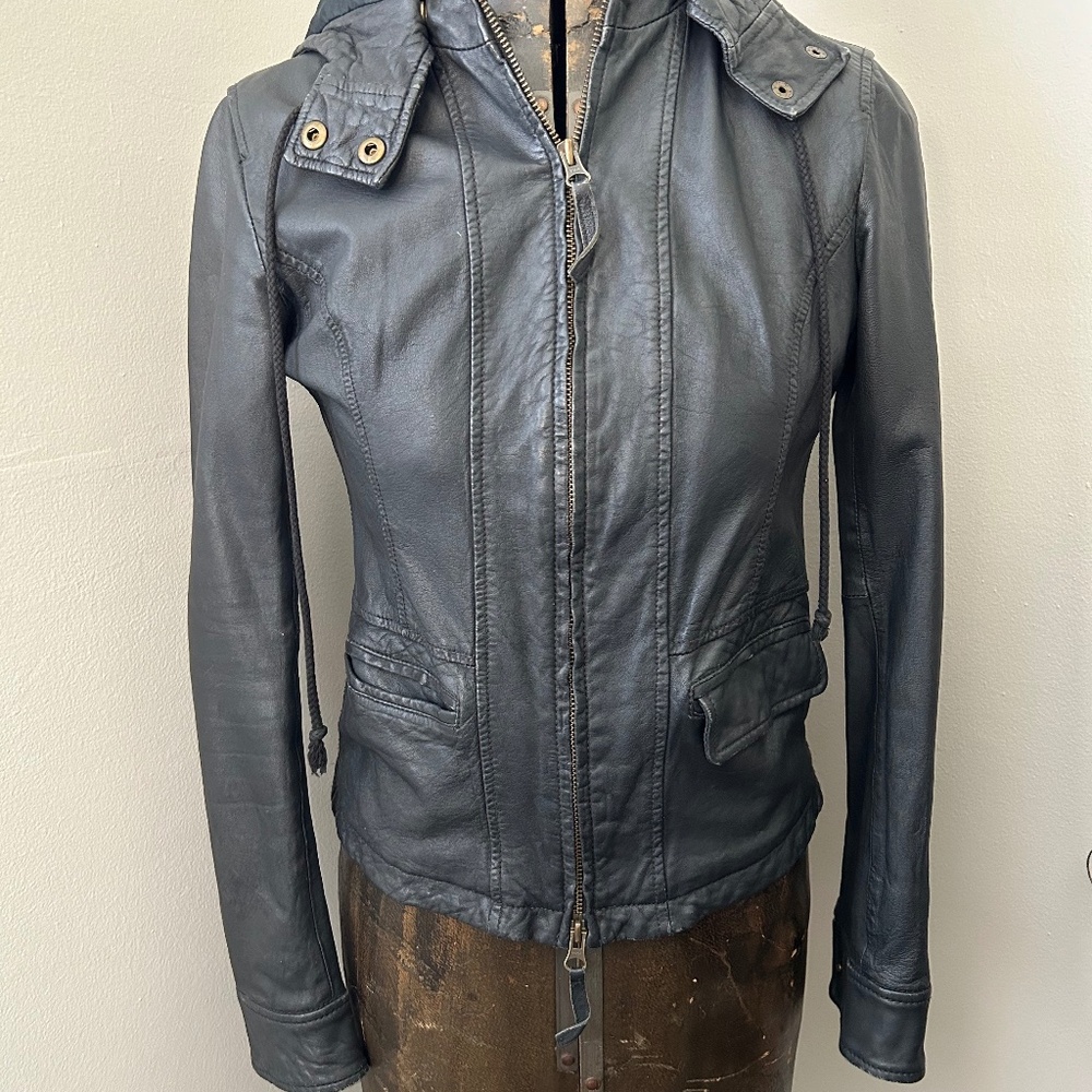 Joie Black Leather Jacket w/ Detachable Hood XS